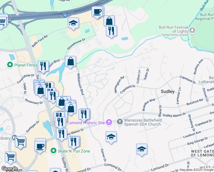 map of restaurants, bars, coffee shops, grocery stores, and more near 7341 Rokeby Drive in Manassas
