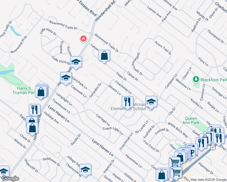 map of restaurants, bars, coffee shops, grocery stores, and more near 7368 Landi Court in Hazelwood