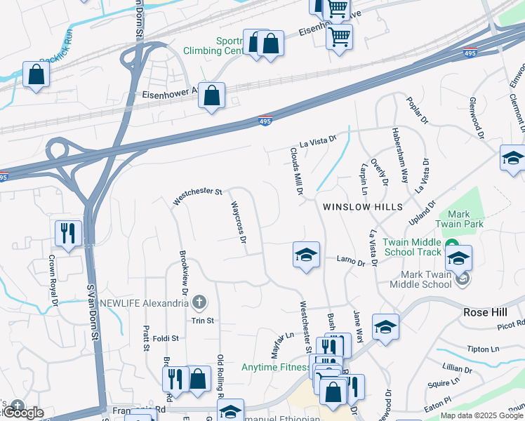map of restaurants, bars, coffee shops, grocery stores, and more near 5811 Westchester Street in Alexandria