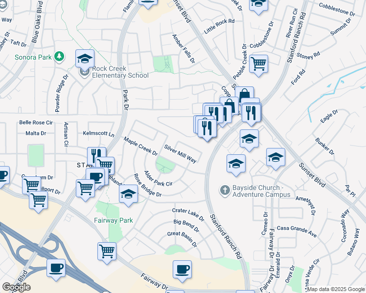 map of restaurants, bars, coffee shops, grocery stores, and more near 6853 Copper Glen Circle in Roseville