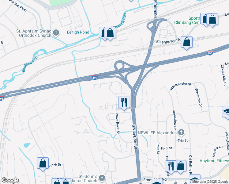 map of restaurants, bars, coffee shops, grocery stores, and more near 6001 Archstone Way in Alexandria