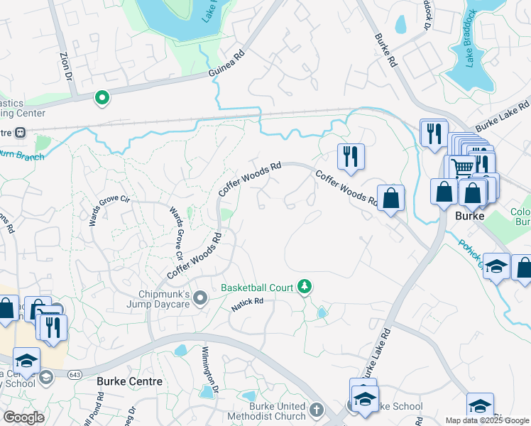map of restaurants, bars, coffee shops, grocery stores, and more near 5838 High Bluff Court in Burke