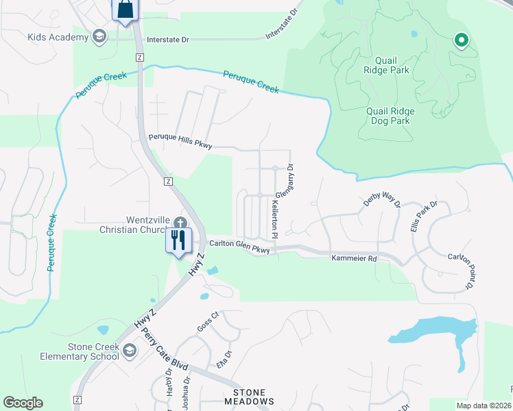 map of restaurants, bars, coffee shops, grocery stores, and more near 2023 Village Glen Drive in Wentzville