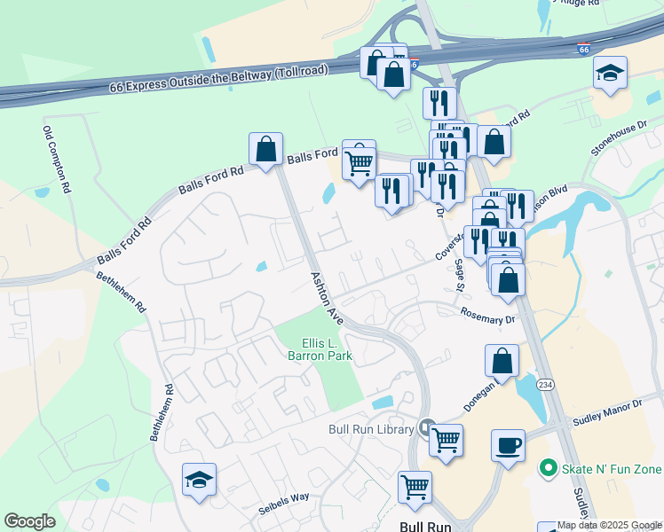 map of restaurants, bars, coffee shops, grocery stores, and more near 11022 Hiram Court in Manassas