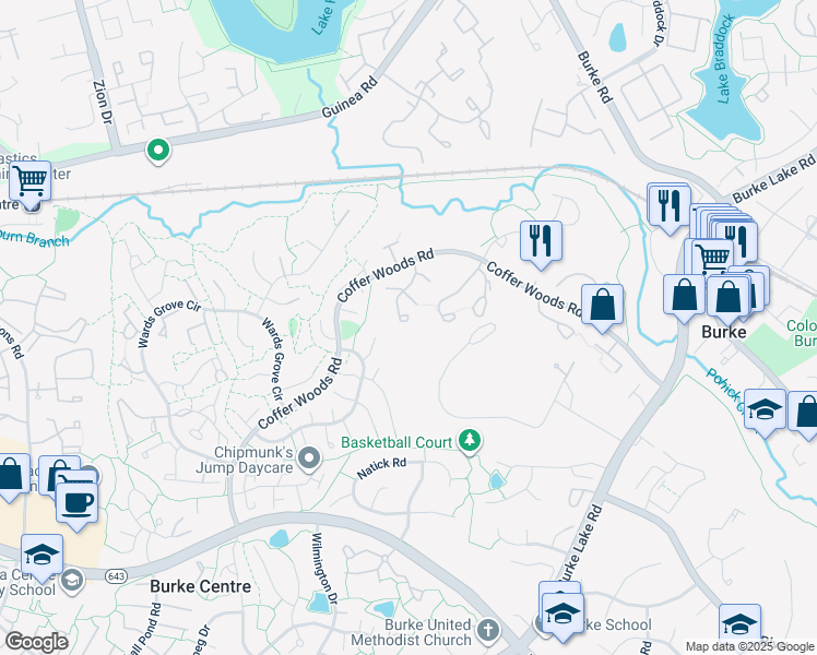 map of restaurants, bars, coffee shops, grocery stores, and more near 5838 High Bluff Court in Burke