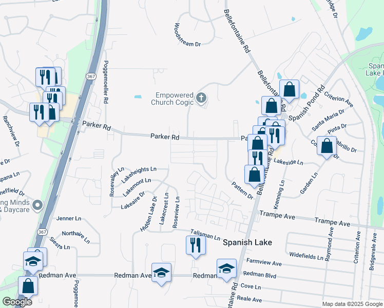 map of restaurants, bars, coffee shops, grocery stores, and more near 1805 San Ricardo Drive in St. Louis