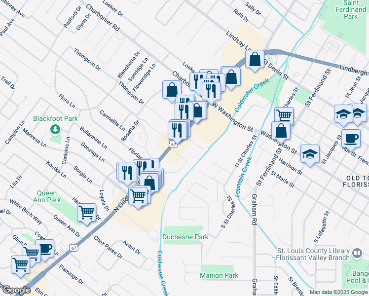 map of restaurants, bars, coffee shops, grocery stores, and more near 5 Bruce Drive in Florissant