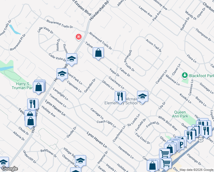 map of restaurants, bars, coffee shops, grocery stores, and more near 7368 Landi Court in Hazelwood