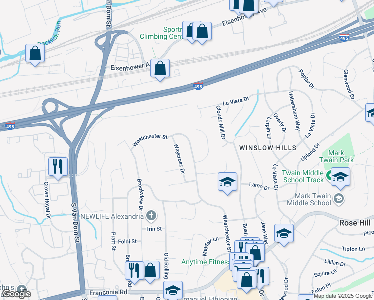 map of restaurants, bars, coffee shops, grocery stores, and more near 5808 Westchester Street in Alexandria
