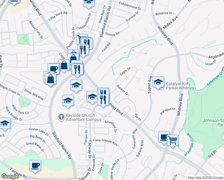 map of restaurants, bars, coffee shops, grocery stores, and more near 5306 Fairway Drive in Rocklin