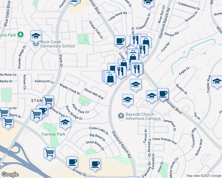 map of restaurants, bars, coffee shops, grocery stores, and more near 6764 Copper Glen Circle in Roseville