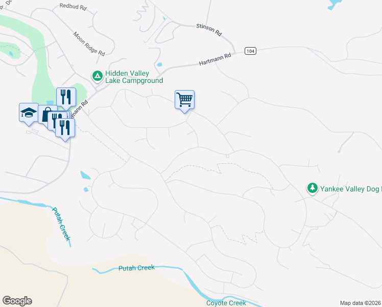 map of restaurants, bars, coffee shops, grocery stores, and more near 19625 Powder Horn Road in Hidden Valley Lake