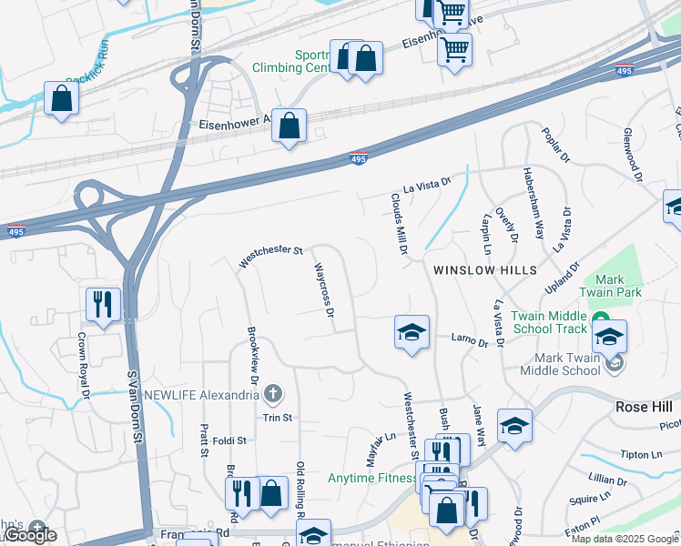 map of restaurants, bars, coffee shops, grocery stores, and more near 5808 Westchester Street in Alexandria