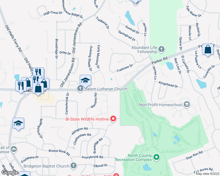 map of restaurants, bars, coffee shops, grocery stores, and more near 5415 Parker Road in Florissant