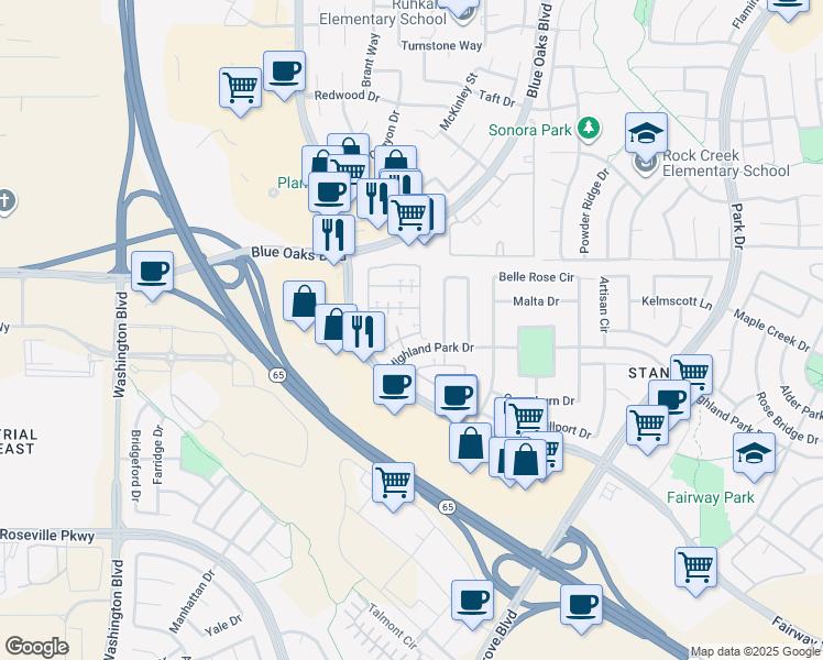 map of restaurants, bars, coffee shops, grocery stores, and more near 8357 Cortina Circle in Roseville