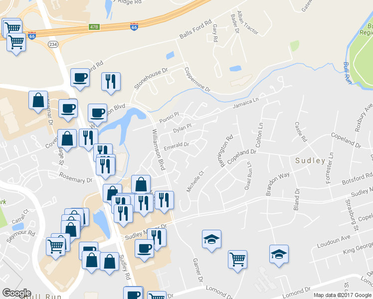 map of restaurants, bars, coffee shops, grocery stores, and more near 7406 Rokeby Drive in Manassas