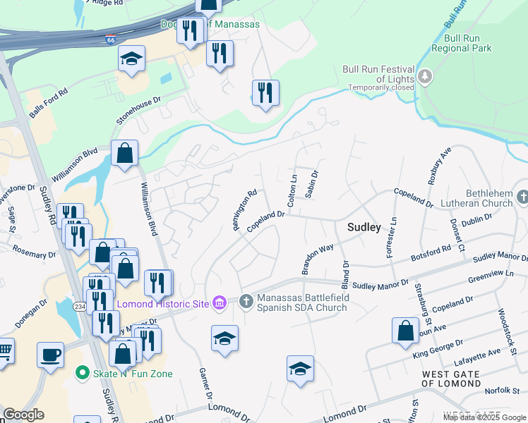map of restaurants, bars, coffee shops, grocery stores, and more near 10288 Copeland Drive in Manassas
