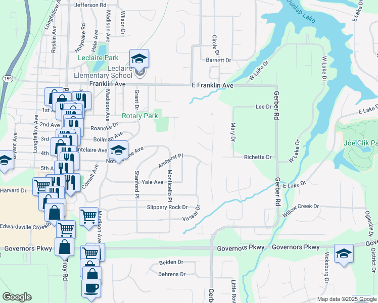 map of restaurants, bars, coffee shops, grocery stores, and more near 830 Amherst Place in Edwardsville