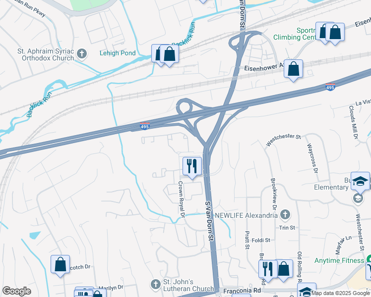 map of restaurants, bars, coffee shops, grocery stores, and more near 6005 Archstone Way in Franconia