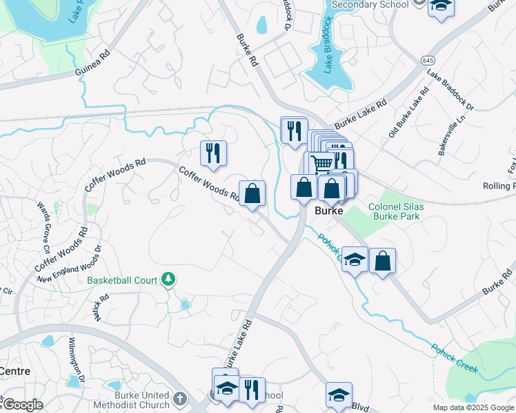 map of restaurants, bars, coffee shops, grocery stores, and more near 5797 Burke Towne Court in Burke