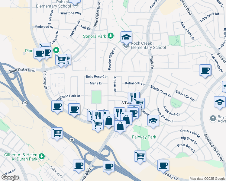 map of restaurants, bars, coffee shops, grocery stores, and more near 7232 Artisan Circle in Roseville