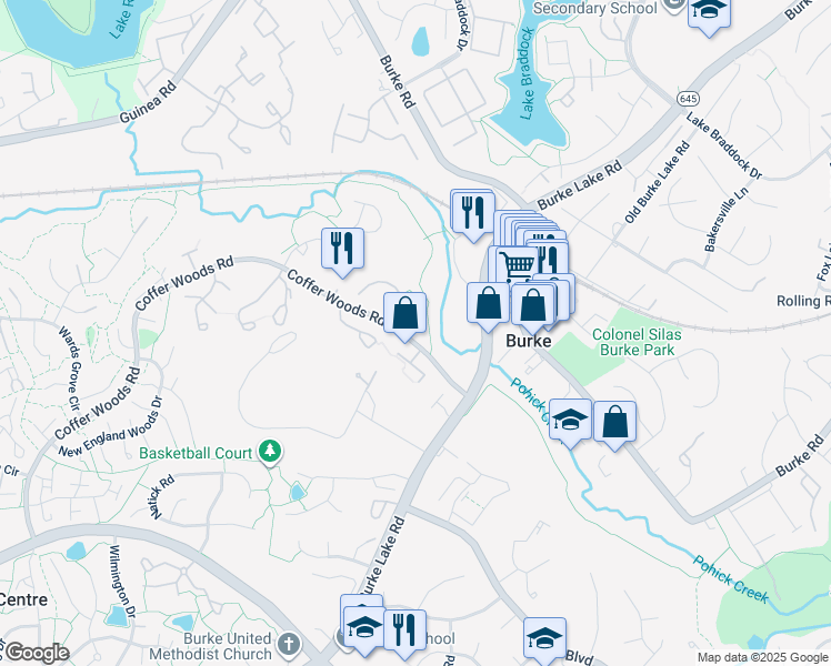 map of restaurants, bars, coffee shops, grocery stores, and more near 5797 Burke Towne Court in Burke