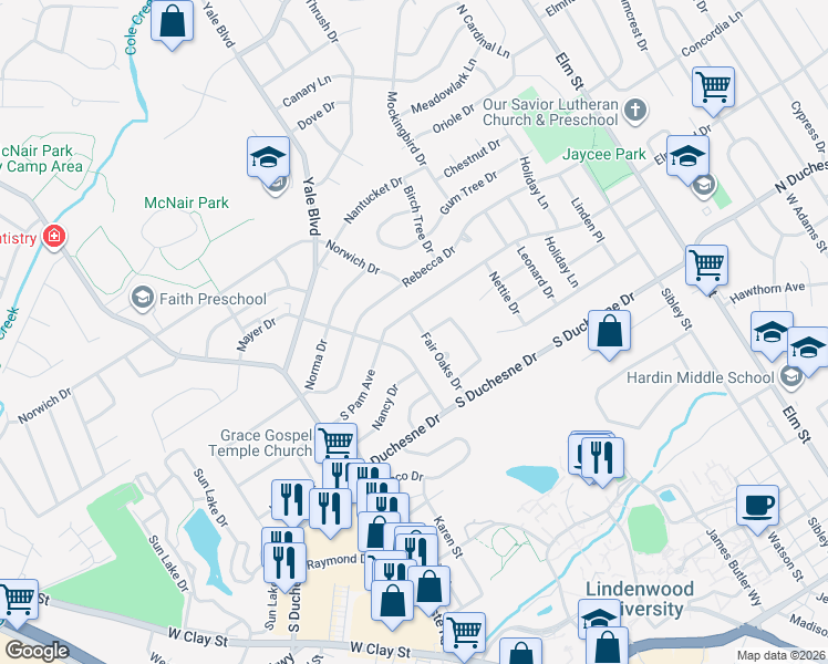 map of restaurants, bars, coffee shops, grocery stores, and more near 2515 Mayer Drive in Saint Charles