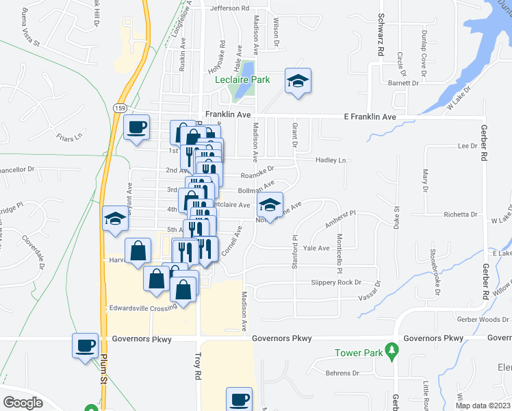 map of restaurants, bars, coffee shops, grocery stores, and more near 1700 Madison Avenue in Edwardsville