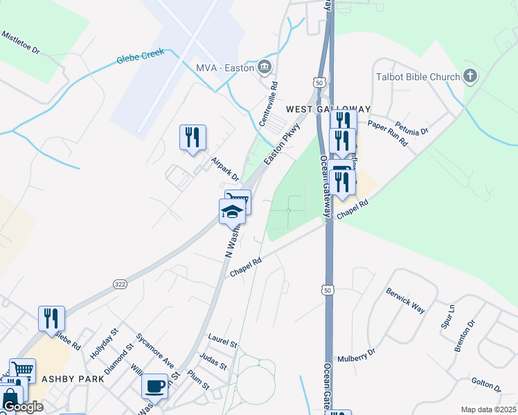 map of restaurants, bars, coffee shops, grocery stores, and more near 1000 North Washington Street in Easton