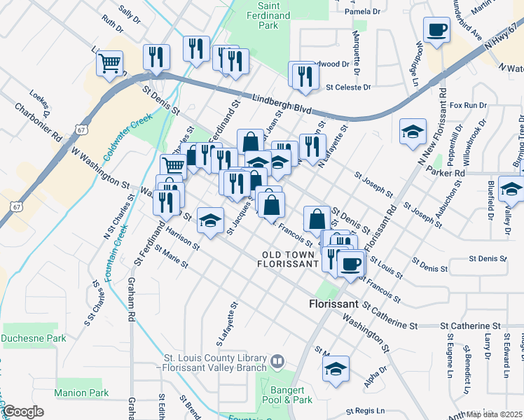 map of restaurants, bars, coffee shops, grocery stores, and more near 560 North Jefferson Street in Florissant