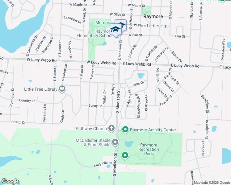 map of restaurants, bars, coffee shops, grocery stores, and more near 717 Derby Street in Raymore