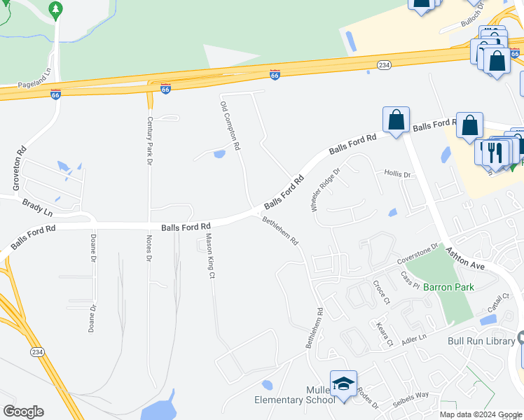 map of restaurants, bars, coffee shops, grocery stores, and more near 11417 Balls Ford Road in Manassas