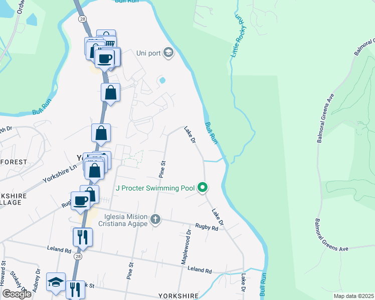 map of restaurants, bars, coffee shops, grocery stores, and more near 7408 Lake Drive in Manassas