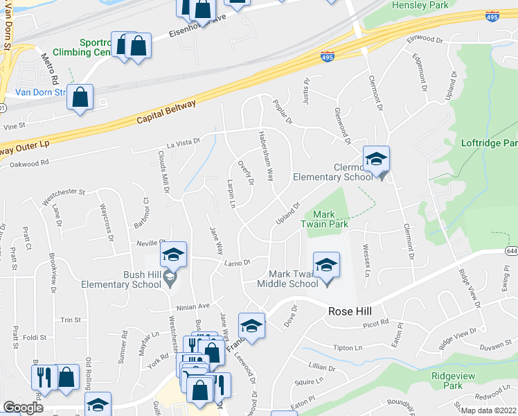 map of restaurants, bars, coffee shops, grocery stores, and more near 5806 La Vista Drive in Alexandria
