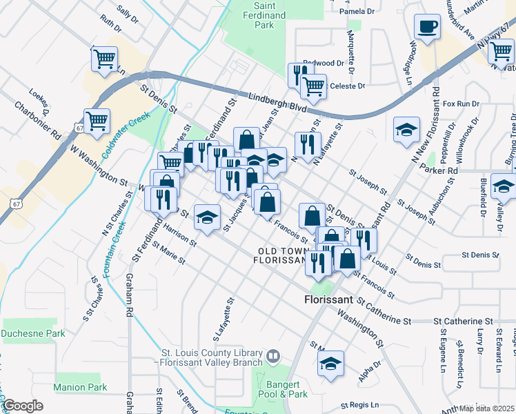 map of restaurants, bars, coffee shops, grocery stores, and more near 560 North Jefferson Street in Florissant
