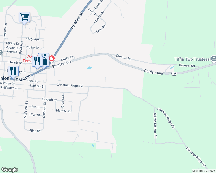 map of restaurants, bars, coffee shops, grocery stores, and more near 500 Chestnut Ridge Road in West Union