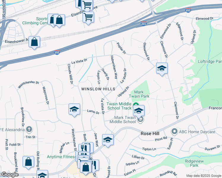 map of restaurants, bars, coffee shops, grocery stores, and more near 5806 La Vista Drive in Alexandria