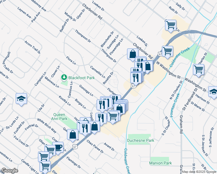 map of restaurants, bars, coffee shops, grocery stores, and more near 705 Florland Drive in Florissant