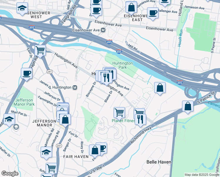 map of restaurants, bars, coffee shops, grocery stores, and more near 2243 Huntington Avenue in Alexandria