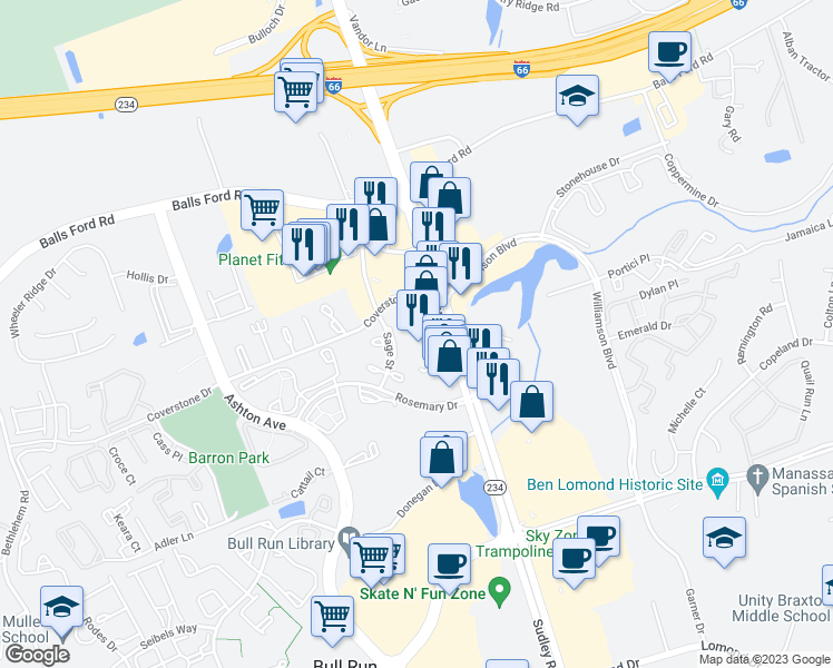 map of restaurants, bars, coffee shops, grocery stores, and more near 7521 Presidential Lane in Manassas