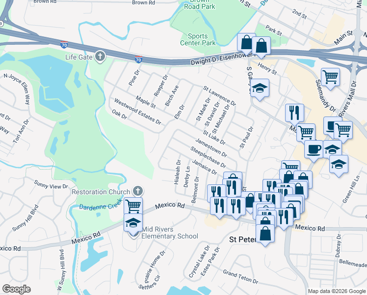 map of restaurants, bars, coffee shops, grocery stores, and more near 2 Hialeah Drive in St. Peters