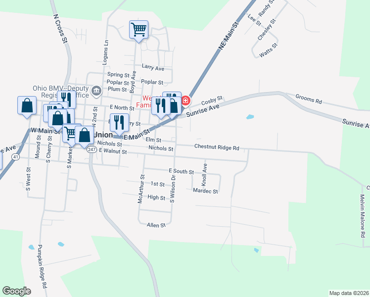 map of restaurants, bars, coffee shops, grocery stores, and more near 807 East Walnut Street in West Union