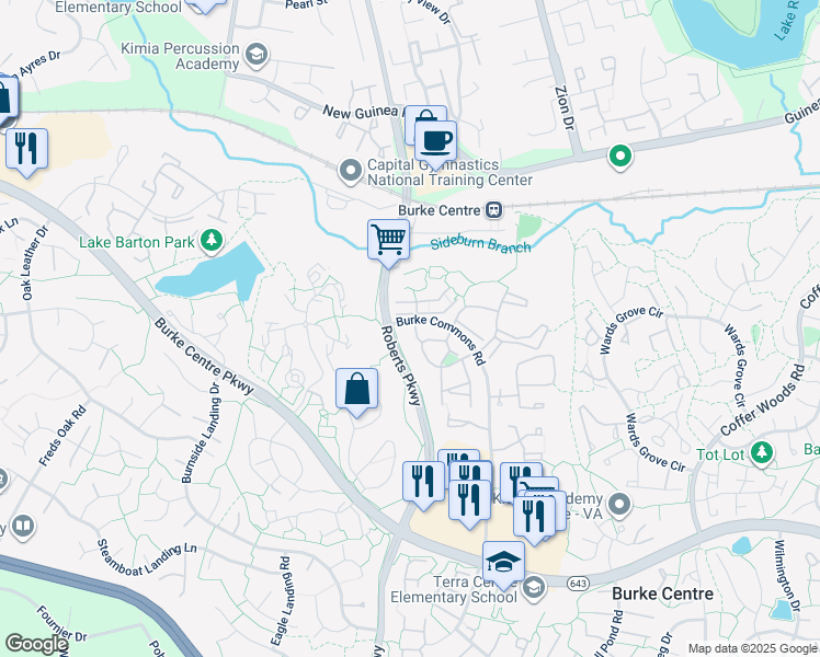 map of restaurants, bars, coffee shops, grocery stores, and more near 5800 Bridgetown Court in Burke