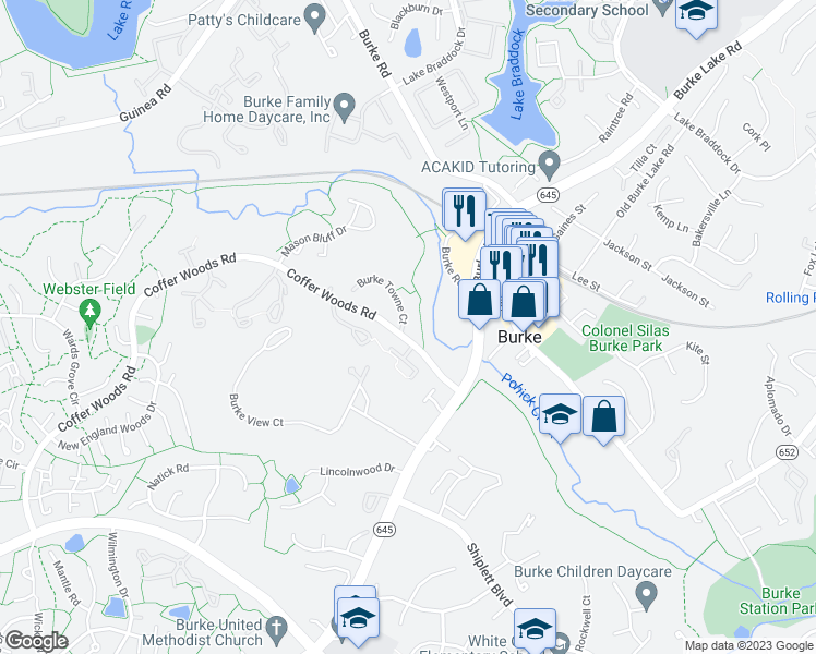 map of restaurants, bars, coffee shops, grocery stores, and more near 5795 Burke Towne Court in Burke