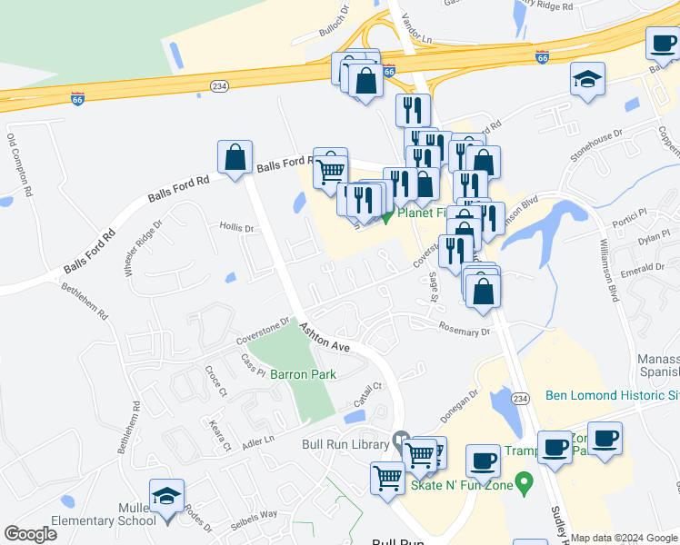 map of restaurants, bars, coffee shops, grocery stores, and more near 7500 Purdue Court in Manassas