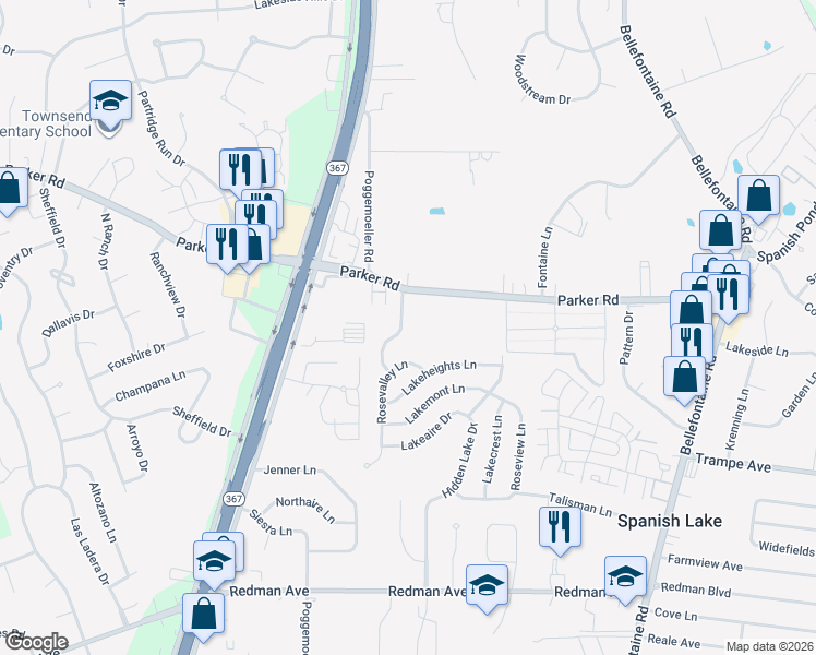 map of restaurants, bars, coffee shops, grocery stores, and more near 12091 Rosemist Drive in St. Louis