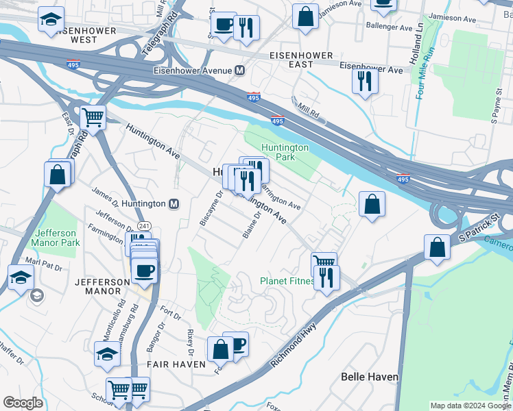 map of restaurants, bars, coffee shops, grocery stores, and more near 2243 Huntington Avenue in Alexandria