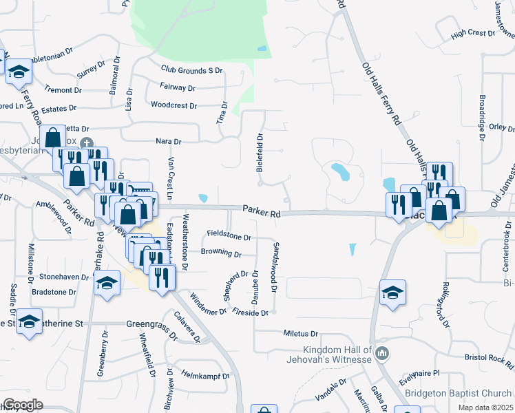 map of restaurants, bars, coffee shops, grocery stores, and more near 4272 Bielefeld Drive in Florissant