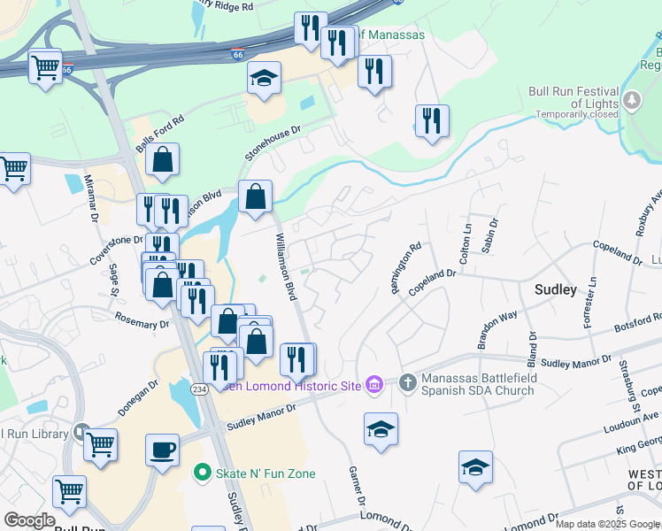 map of restaurants, bars, coffee shops, grocery stores, and more near 7422 Rokeby Drive in Manassas