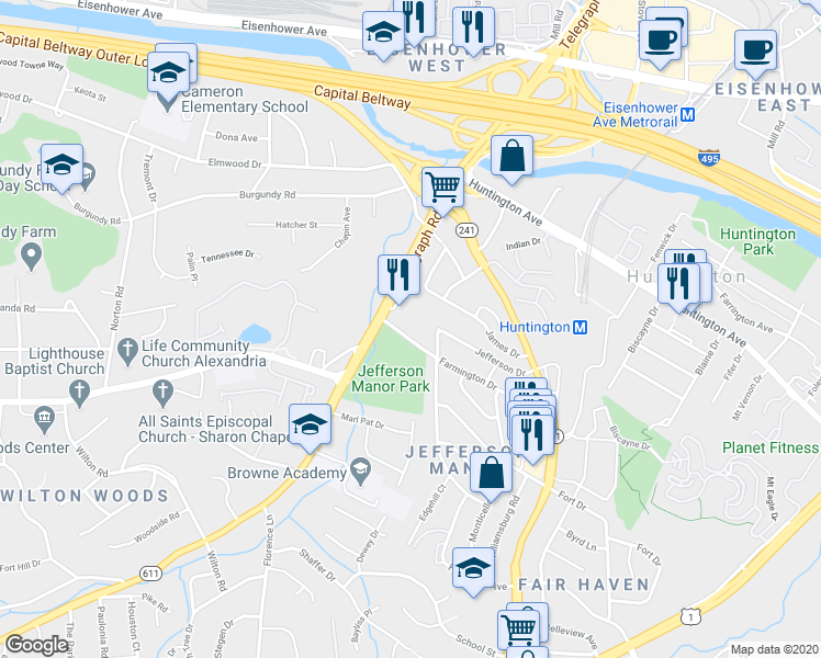 map of restaurants, bars, coffee shops, grocery stores, and more near 2912 Farmington Dr in Alexandria